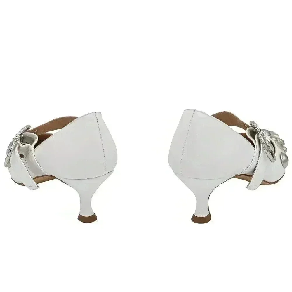 White Studded Pointed Toe Kitten Heel Pumps Size 38 Bridal Low‎ Heel Mary Janes